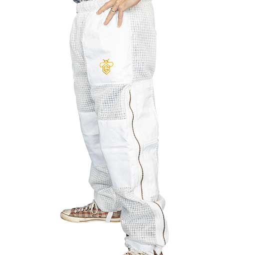 person wearing guardian bee pants showing the hip zippers feature 